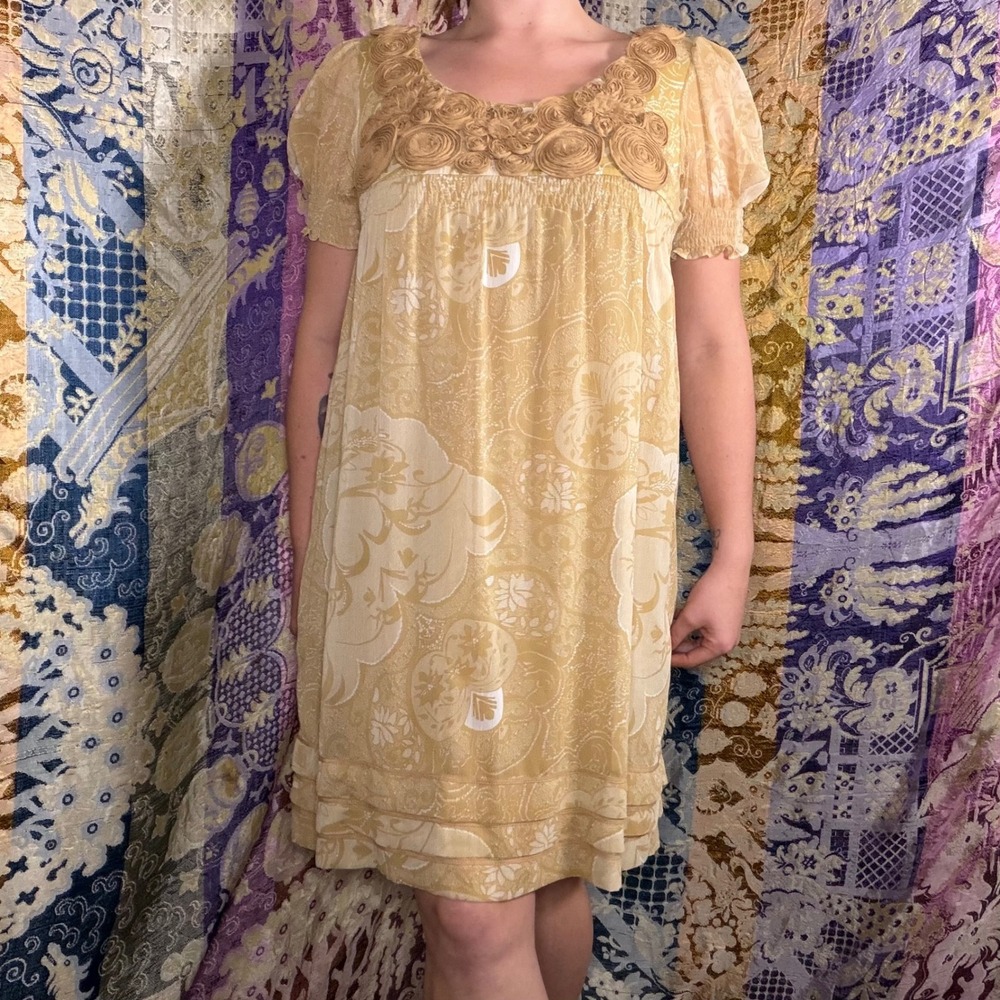 Tan White Floral Puff Sleeve Babydoll Knee Length Dress Size M